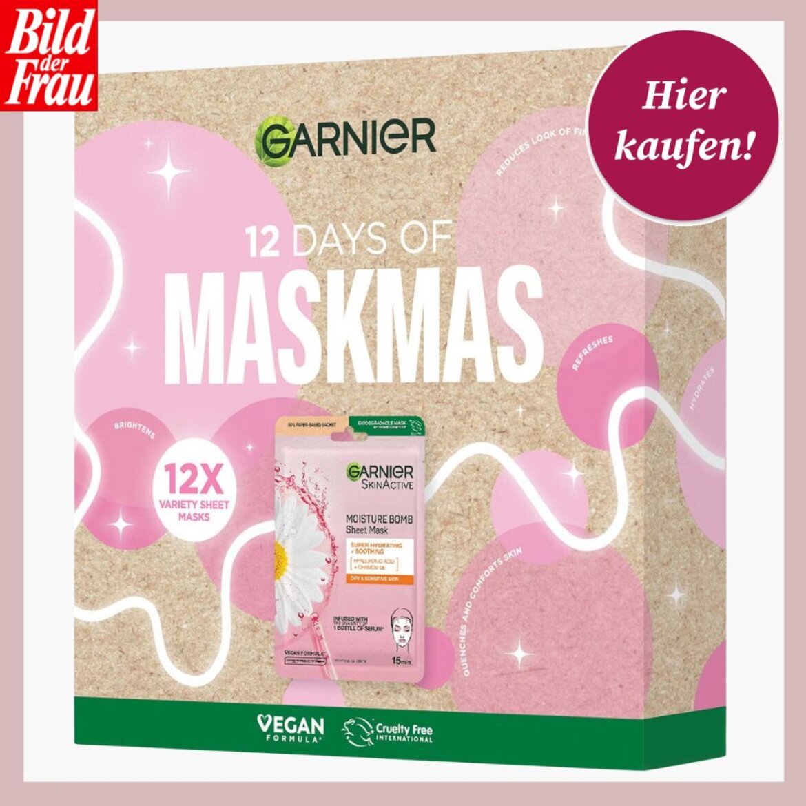 Garnier-Adventskalender „12 Days of Maskmas“ mit 12 verschiedenen Gesichtsmasken, rosa Design und „Hier kaufen“-Button. | © Lookfantastic