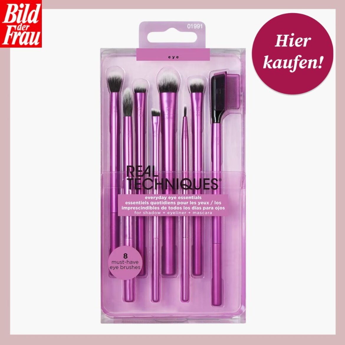 Schminkpinsel-Set von Real Techniques mit acht pinken Pinseln für Lidschatten, Eyeliner und Mascara. | © Douglas