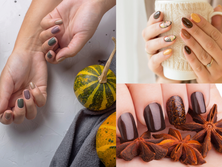 Herbst Nagellack Trend  Drei weibliche Hände mit herbstlich lackierten Nägeln in Braun, Ocker und Grün vor Kürbissen, Gewürzen und gestricktem Pullover.