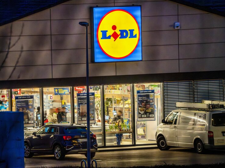  Auf dem Foto ist der beleuchtete Eingangsbereich einer Lidl-Filiale während der Abend- oder Nachtzeit zu sehen. Das markante Lidl-Logo mit gelbem Hintergrund und rotem Schriftzug leuchtet hell über dem Eingang und zieht die Blicke auf sich. Vor dem Supermarkt parken Autos, und man kann Personen erkennen, die sich im Inneren des Geschäfts bewegen. Die Umgebung ist durch die Beleuchtung des Ladens und die Dämmerung oder die nächtliche Umgebung dunkel kontrastiert.