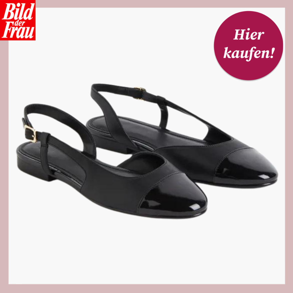 Werbebild von Slingeback-Ballerinas in Schwarz. Die Schuhe haben eine Lackkappe und Riemen an der Ferse. | © H&M