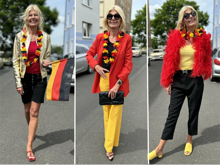 Collage von drei verschiedenen Outfits, die eine Frau trägt, um die Farben der deutschen Flagge zur Unterstützung der EM 2024 zu repräsentieren. Jedes Outfit kombiniert die Farben Schwarz, Rot und Gold auf kreative Weise. | © Renate Zott