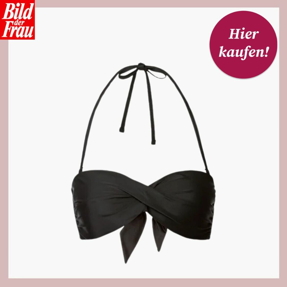 Schwarzes Bandeau-Bikinioberteil mit Schleife und Nackenbändern auf weißem Hintergrund, oben links "Bild der Frau"-Logo. | © Lidl