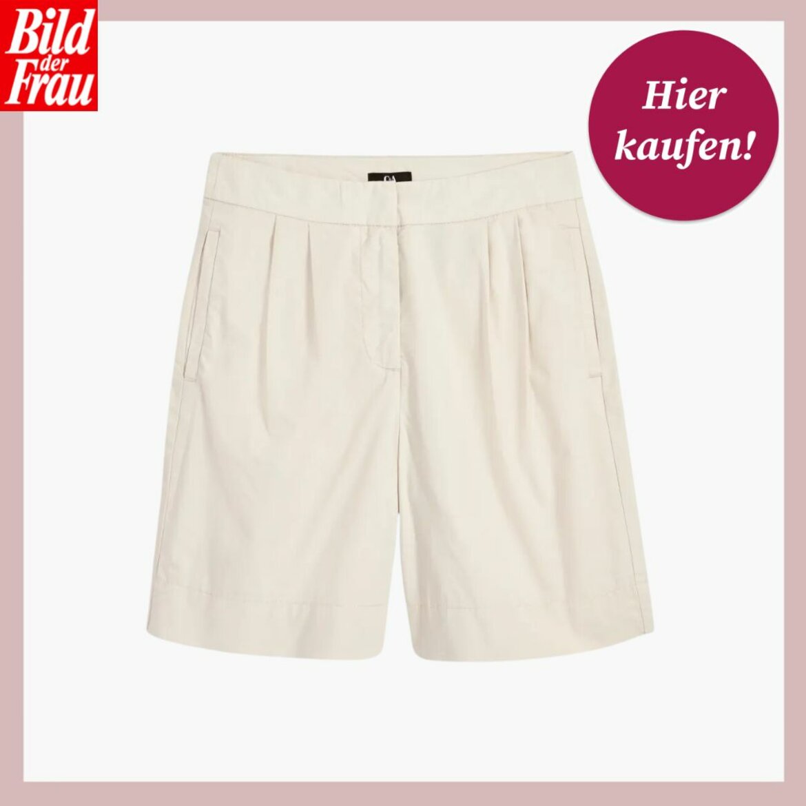 Knielange, beige Shorts mit geradem Schnitt und schlichten Seitentaschen, vor weißem Hintergrund. | © C&A