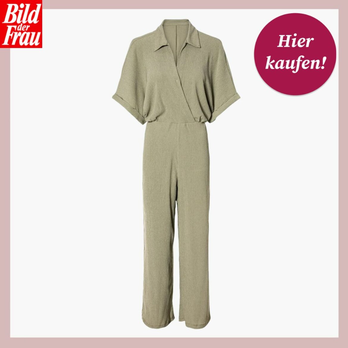 Ein khakifarbener Jumpsuit mit kurzen Ärmeln und weitem Bein, präsentiert vor einem weißen Hintergrund mit dem Schriftzug "Hier kaufen!". | © Lidl