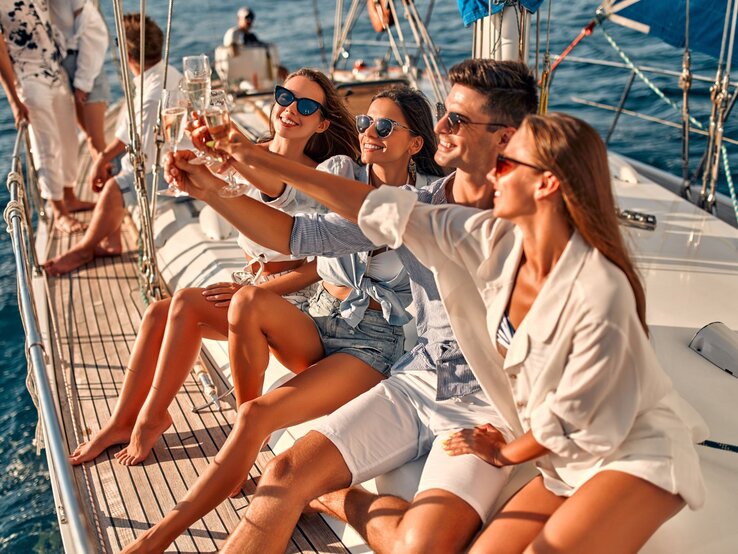 Lächelnde Männer und Frauen in Sommerkleidung stoßen auf einem Segelboot bei sonnigem Wetter an.