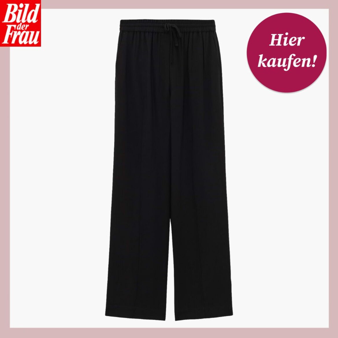 Weite schwarze Hose mit elastischem Bund und Kordelzug vor weißem Hintergrund, oben links Logo "Bild der Frau" | © Someday