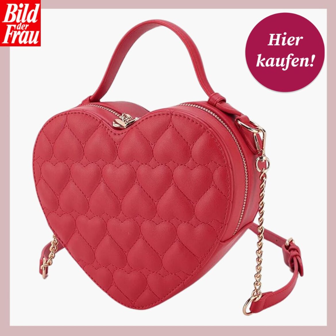 Herzförmige rote Tasche mit gestepptem Herzdesign, kurzem Griff und goldener Kette, auf hellem Hintergrund. | © Amazon