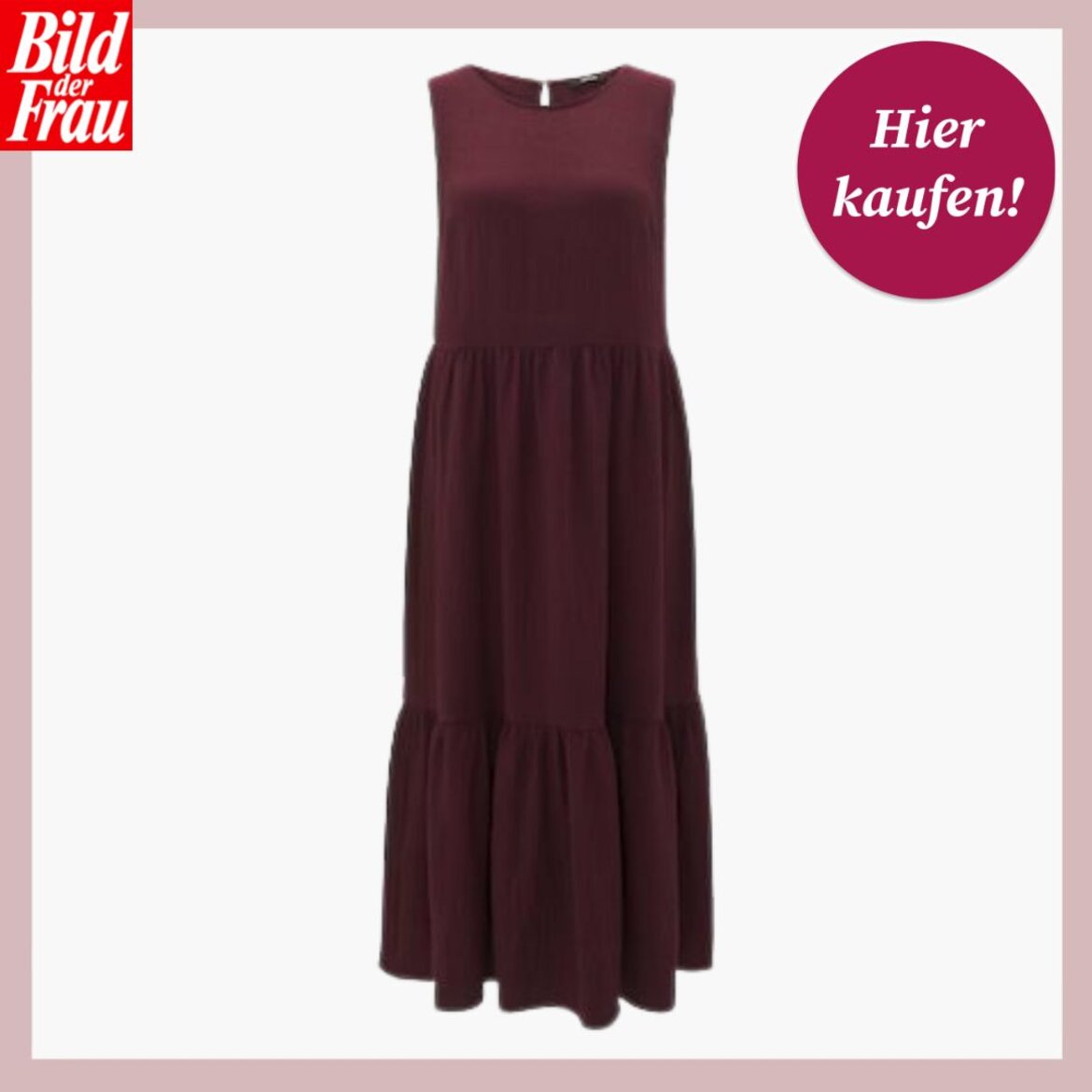 Elegantes burgunderfarbenes Sommerkleid mit weiter Passform, beworben von Bild der Frau mit "Hier kaufen!"-Button. | © Opus