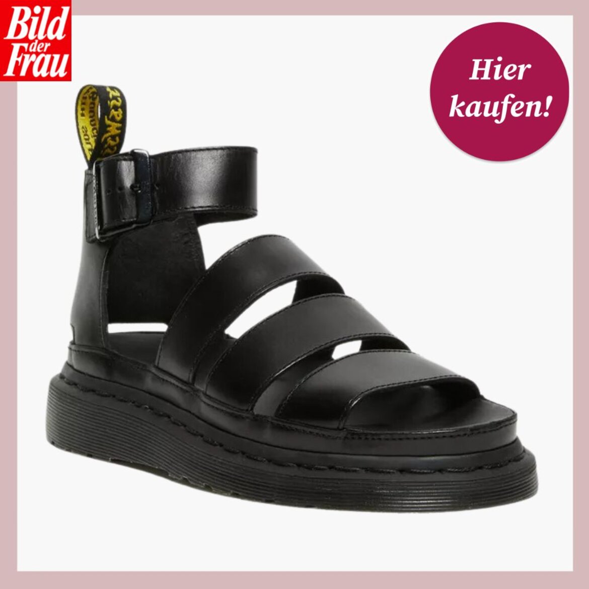 Stilvolle Dr. Martens-Sandale mit breiten, schwarzen Riemen und markanter gelber Fersenschlaufe. | © Dr. Martens