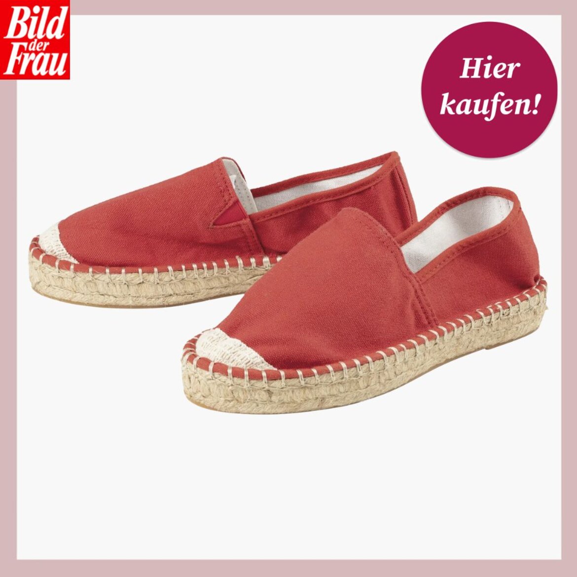 Ein Paar rote Espadrilles mit heller Bastsohle und weißen Nähten vor weißem Hintergrund, oben rechts der Text "Hier kaufen!". | © Lidl