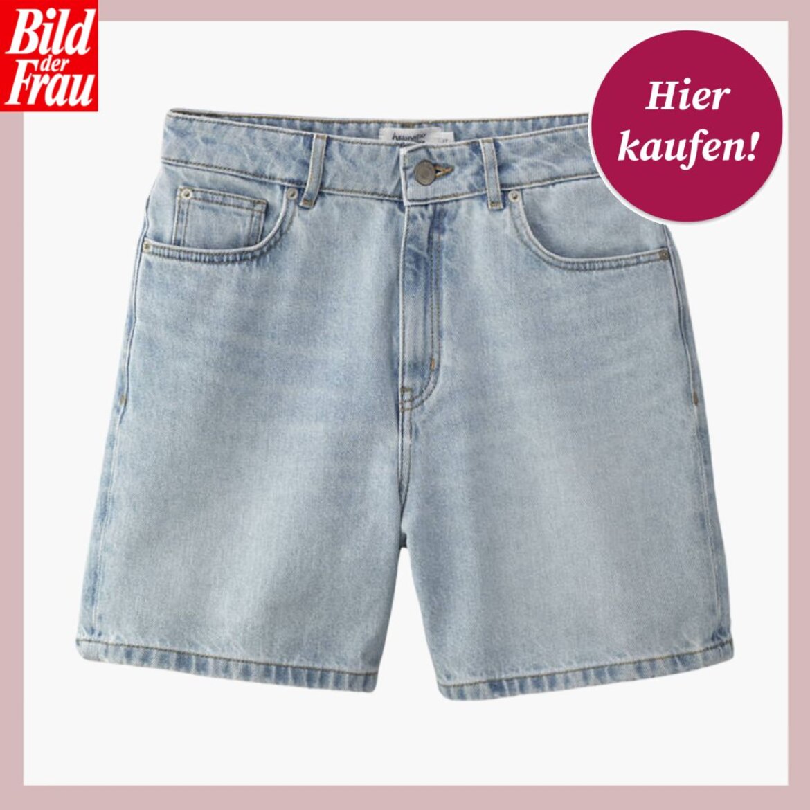 Hellblaue Jeansshorts in klassischem Schnitt vor weißem Hintergrund, oben links das Logo von "Bild der Frau". | © hessnatur