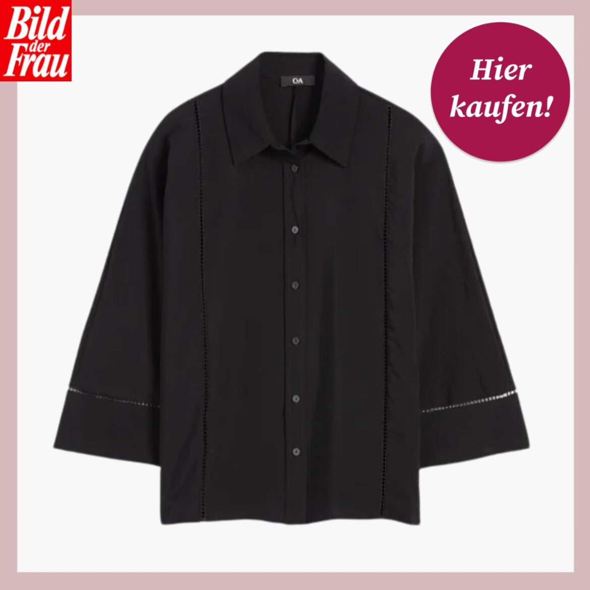 Klassische schwarze Damenbluse mit durchgehender Knopfleiste und breiten Ärmeln, daneben "Hier kaufen!"-Button. | © C&A