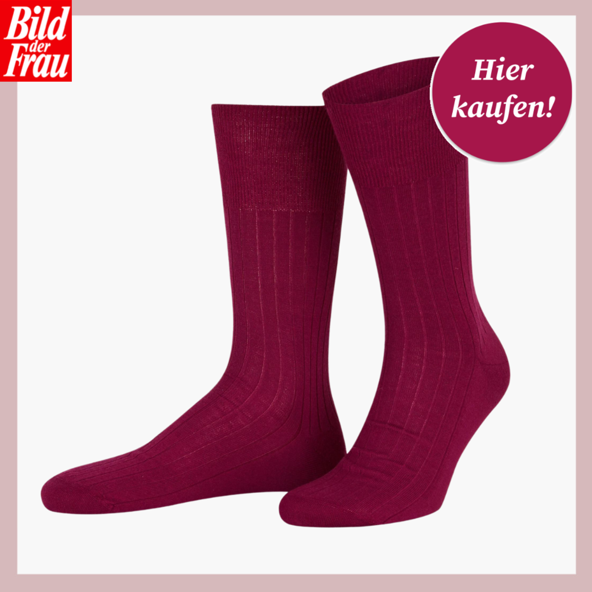 Werbebild von Socken in dunklem Rot. Die Socken sind aus Wolle und Kaschmir gefertigt. | © Falke