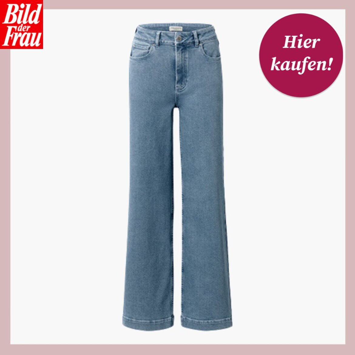 Weit geschnittene Jeans in Hellblau, mit schmaler Taille, Reißverschluss und Taschen, auf hellem Untergrund. | © Tchibo