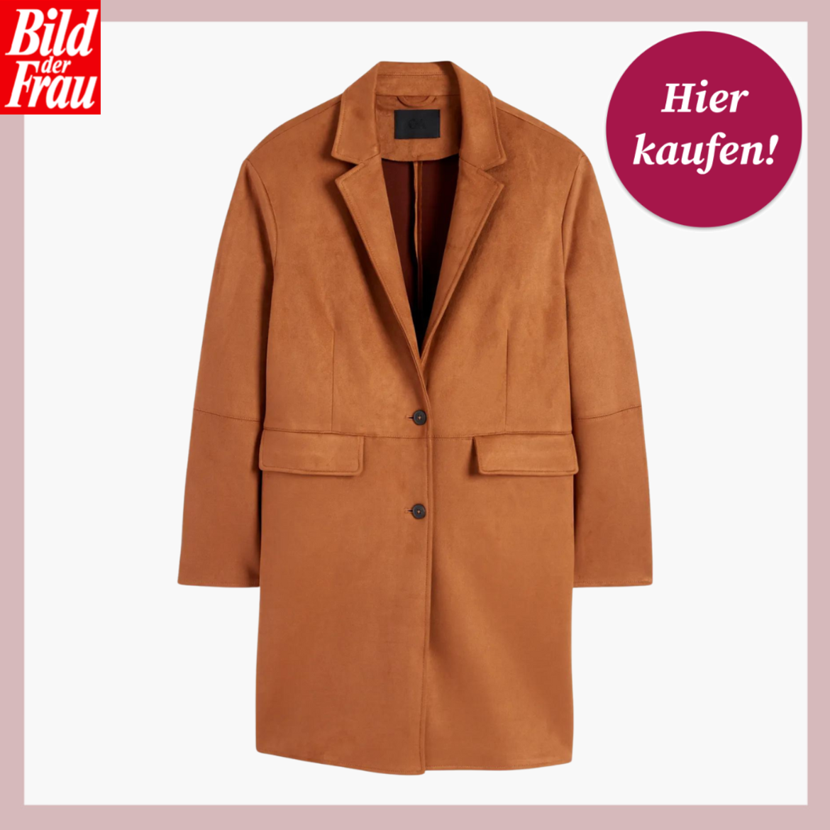 Werbebild von einer langen Übergangsjacke. Die Jacke ist kastig geschnitten und hat ein sattes Cognacbraun. | © C&A