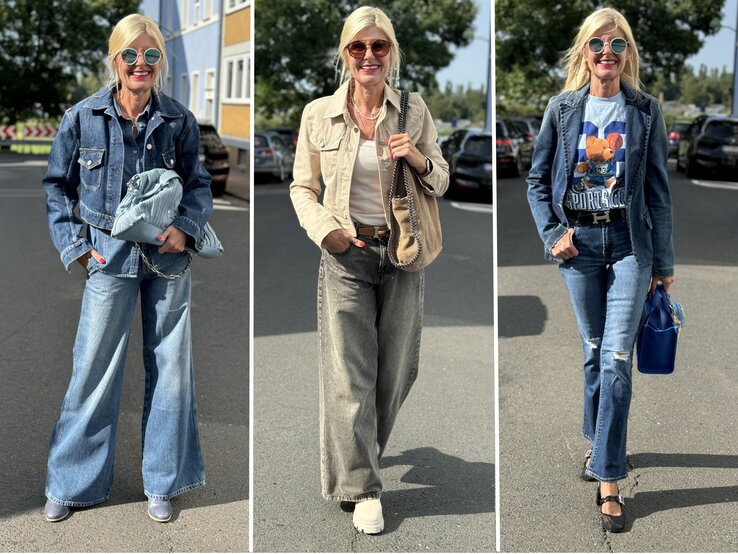 Collage aus drei verschiedenen Outfits. Alle Looks haben eine lässige, aber schicke Ästhetik, und Jeans stehen dabei im Vordergrund. | © Renate Zott