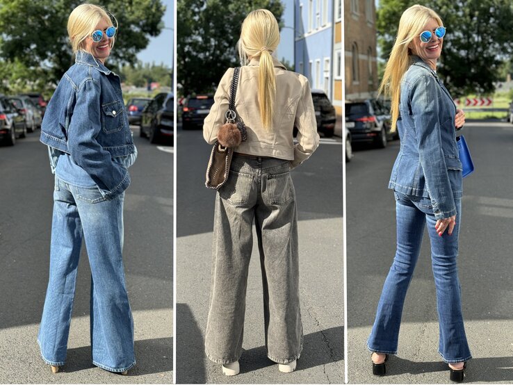 Collage von drei Outfits, von hinten fotografiert. Alle drei Looks betonen die modische Kombination von verschiedenen Jeans-Stilen. | © Renate Zott