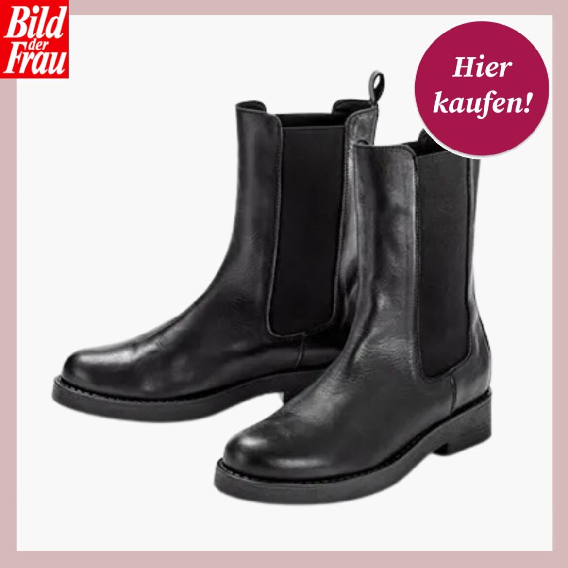 Paar elegante, schwarze Lederstiefeletten im klassischen Chelsea-Design mit leichtem Glanz. | © Tchibo