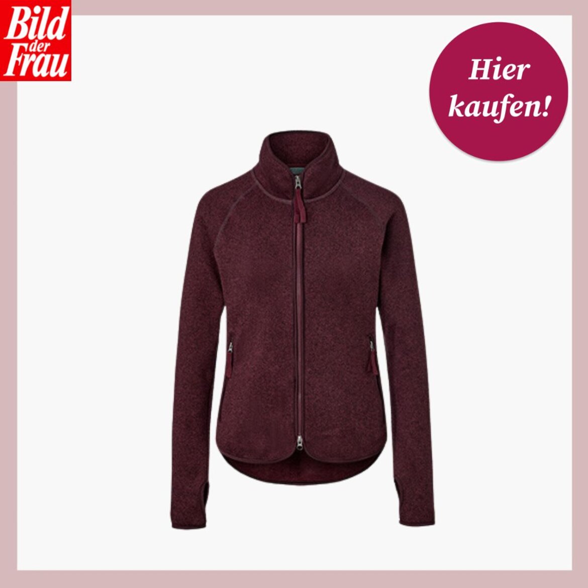 Dunkelrote Fleecejacke mit Reißverschluss, Stehkragen und Seitentaschen, vor weißem Hintergrund präsentiert. | © Lidl 