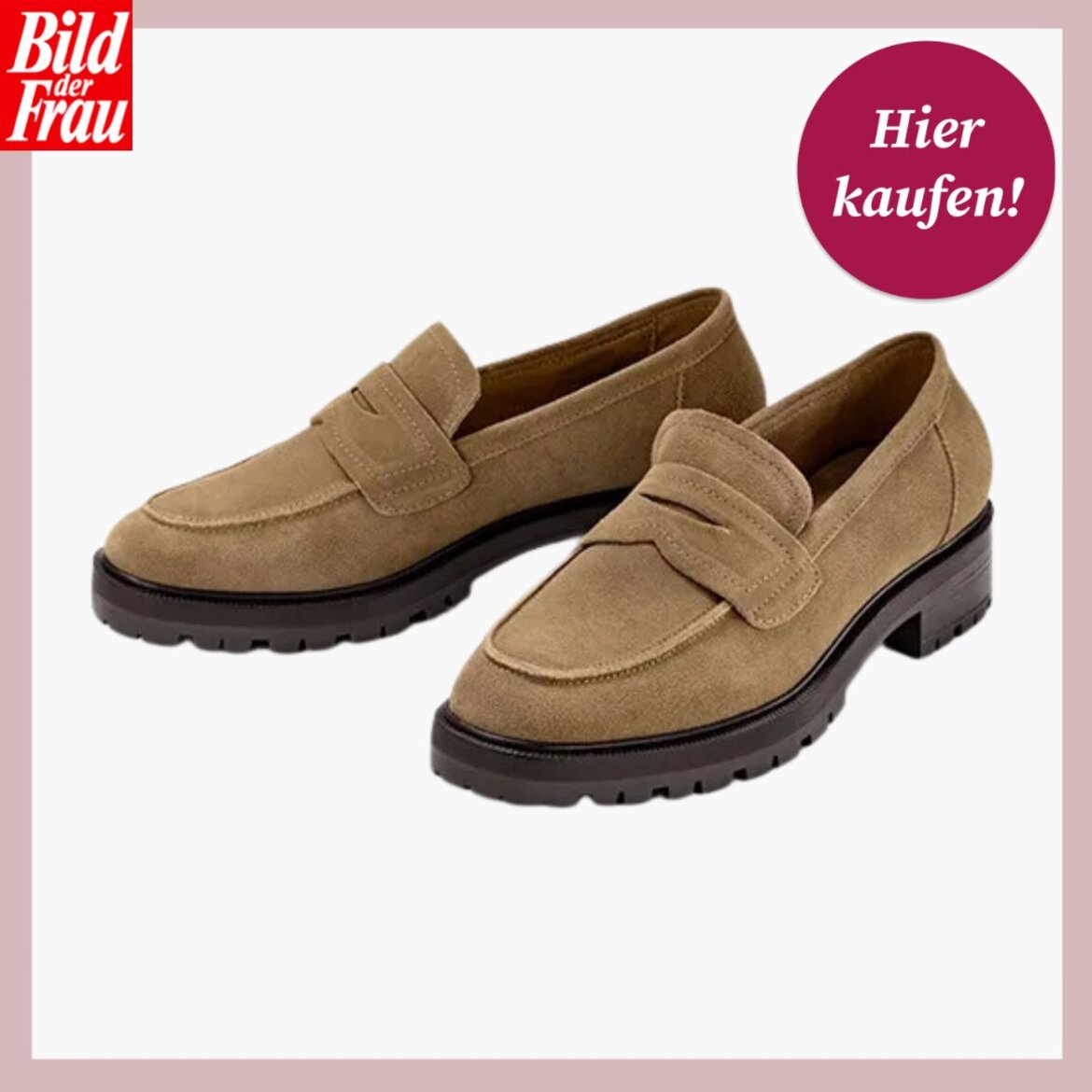 Beigefarbene Loafer aus Veloursleder mit breitem Absatz und rutschfester Sohle in moderner Optik vor weißem Hintergrund. | © Tchibo