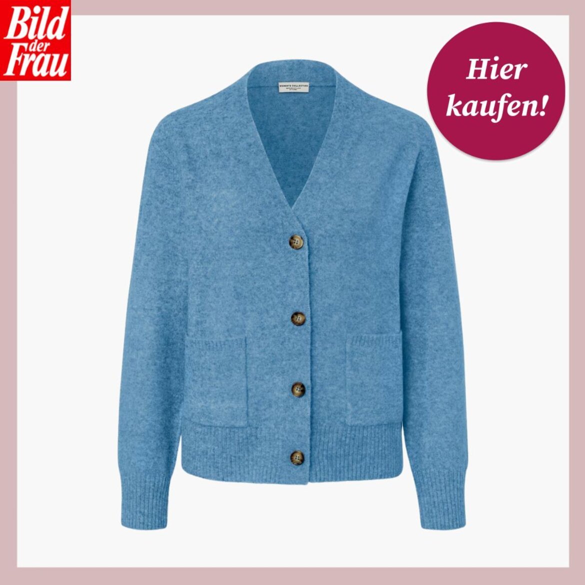 Hellblaue Damen-Strickjacke mit V-Ausschnitt, vier Knöpfen und aufgesetzten Taschen vor weißem Hintergrund. | © Tchibo