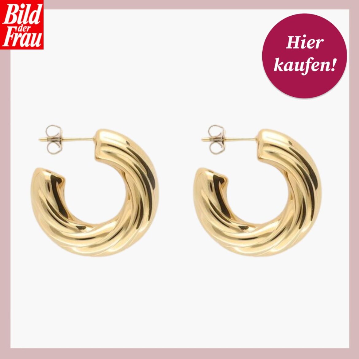 Runde, voluminöse Creolen aus poliertem Gold in gedrehter Optik, präsentiert auf hellem Hintergrund. | © my jewellery