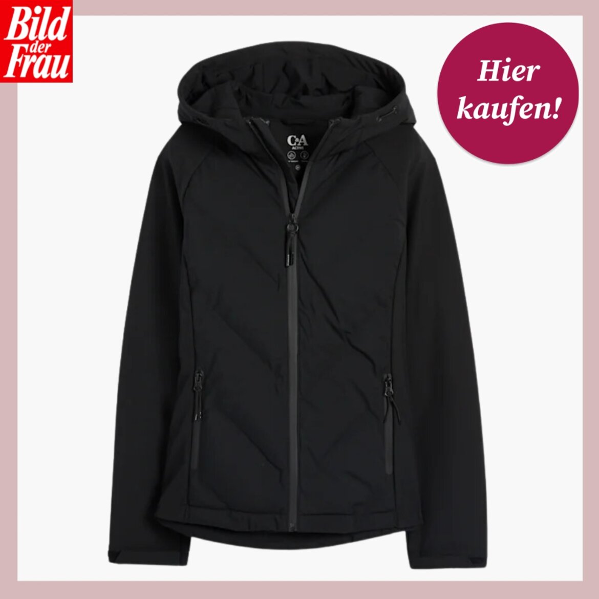 Schwarze Softshelljacke-Jacke mit Kapuze und Reißverschluss, zwei Taschen mit Zippern vor weißem Hintergrund. | © C&A