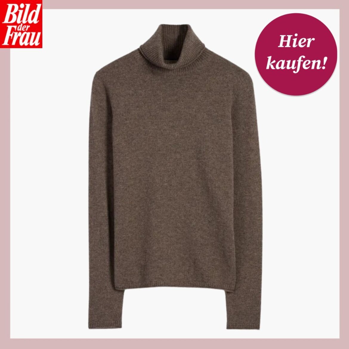 Schlichter brauner Rollkragenpullover aus Strick vor weißem Hintergrund, daneben ein roter Button mit der Aufschrift "Hier kaufen!". | © C&A