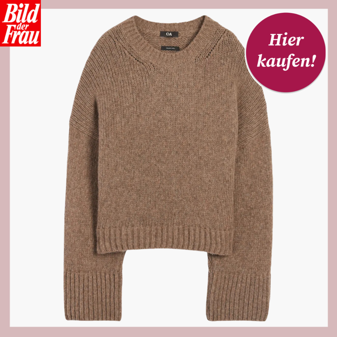 Werbebild von einen Strickpullover. Er ist Hellbraun und hat einen Rundhalsausschnitt. | © C&A