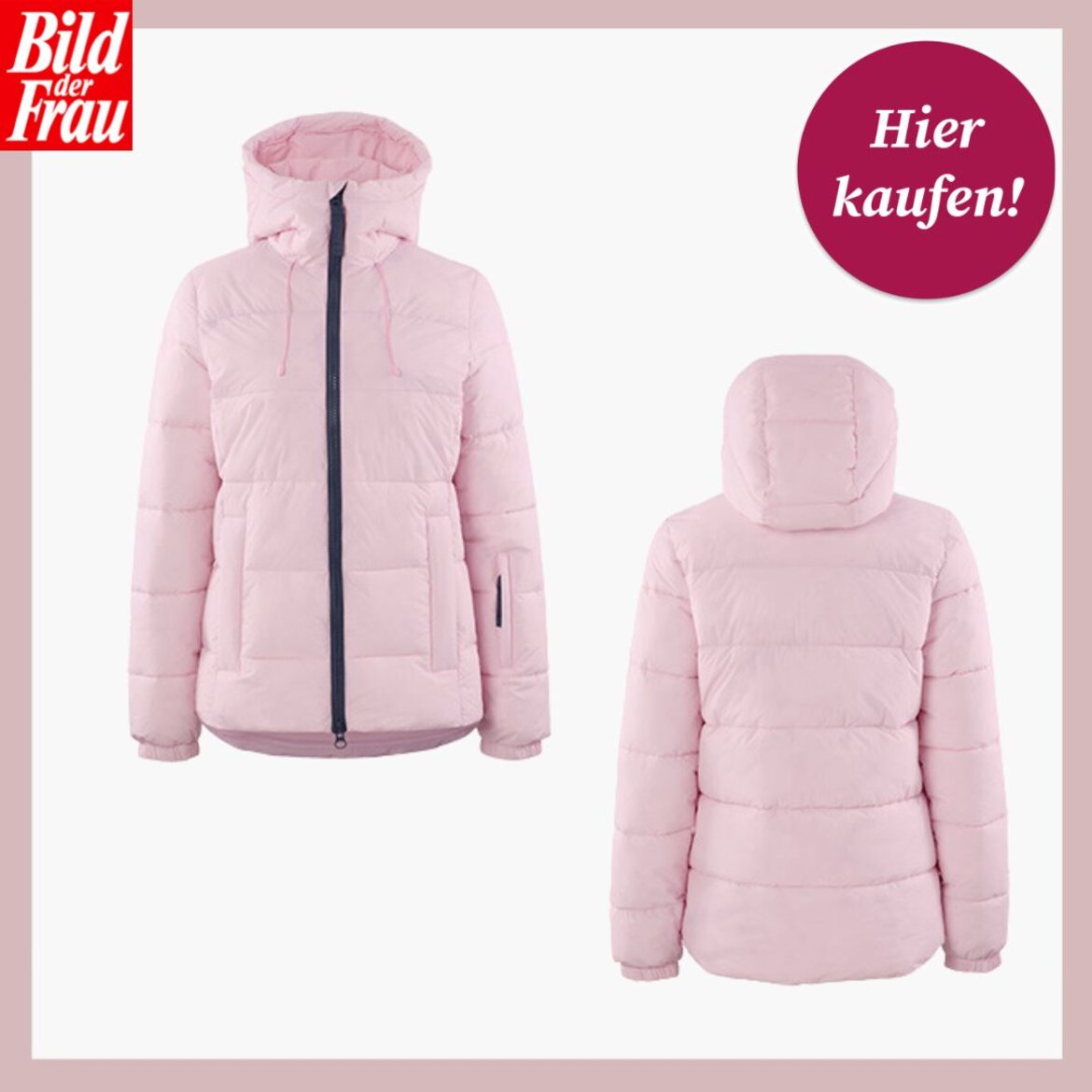 Rosa Ski-Steppjacke mit Kapuze, schwarzem Reißverschluss und zwei Taschen, Vorder- und Rückansicht vor weißem Hintergrund. | © Tchibo