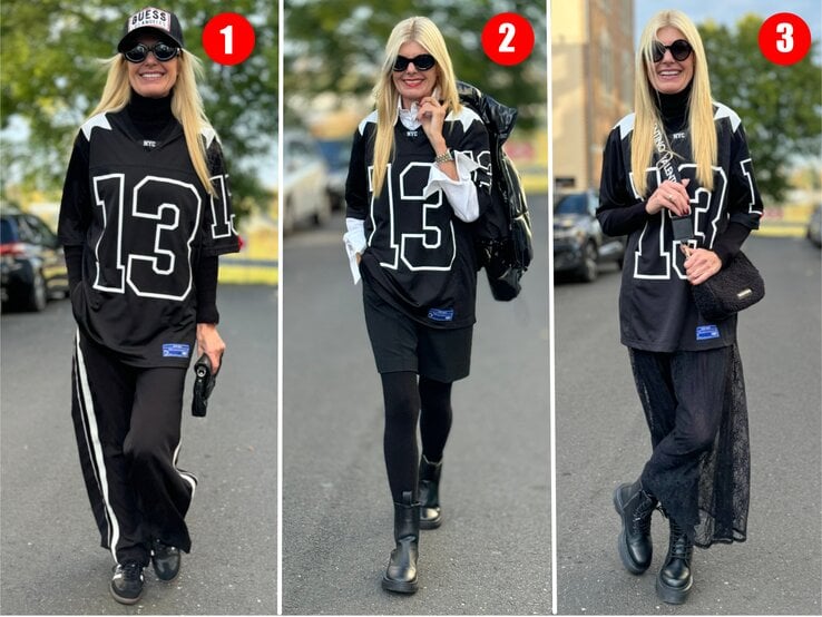 Blonde Frau mit drei verschiedene Outfits, alle basierend auf dem Blokecore-Trend und einem übergroßen Trikot mit der Nummer "13". | © Renate Zott