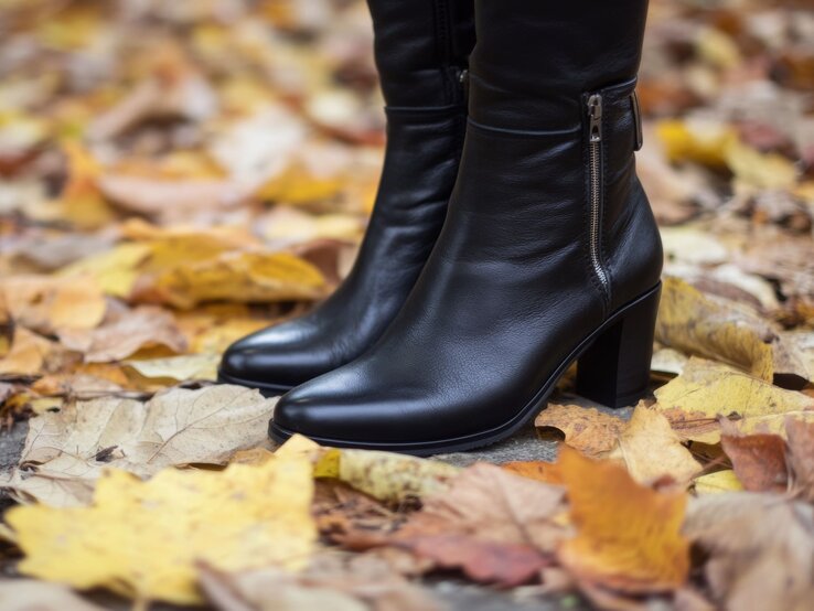 Schwarze Stiefeletten mit Absatz und Zipper auf gefallenen gelben und braunen Blättern im Herbst.