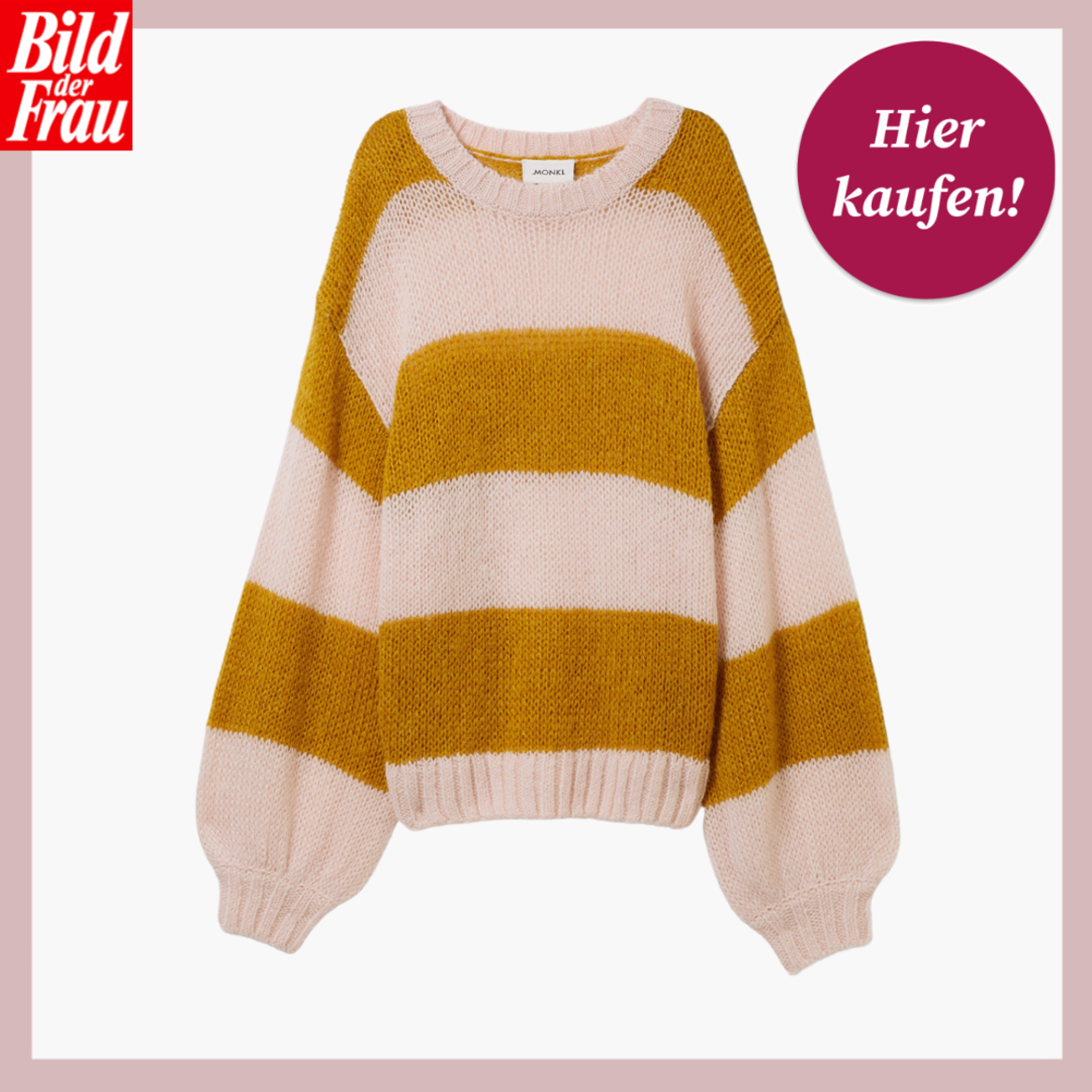 Werbebild von gestreiftem Strickpullover in Beige und Senfgelb. | © Monki