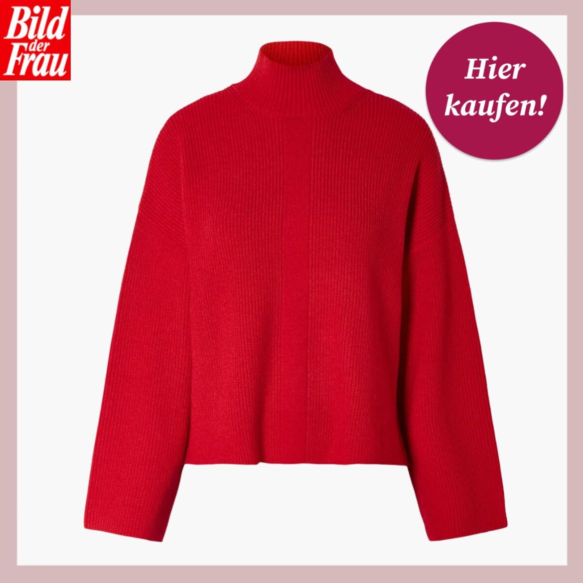 Roter Oversize-Pullover mit breitem Rollkragen und langen, weit geschnittenen Ärmeln aus grobem Strick. | © Lidl