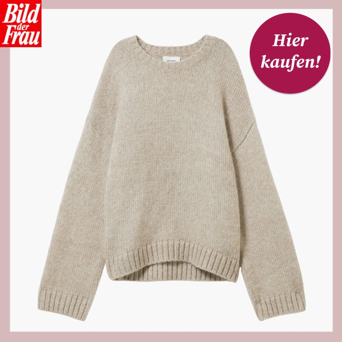 Beigefarbener Oversize-Pullover aus weichem Strick mit Rundhalsausschnitt und lässigem, leicht verkürztem Schnitt. | © Monki