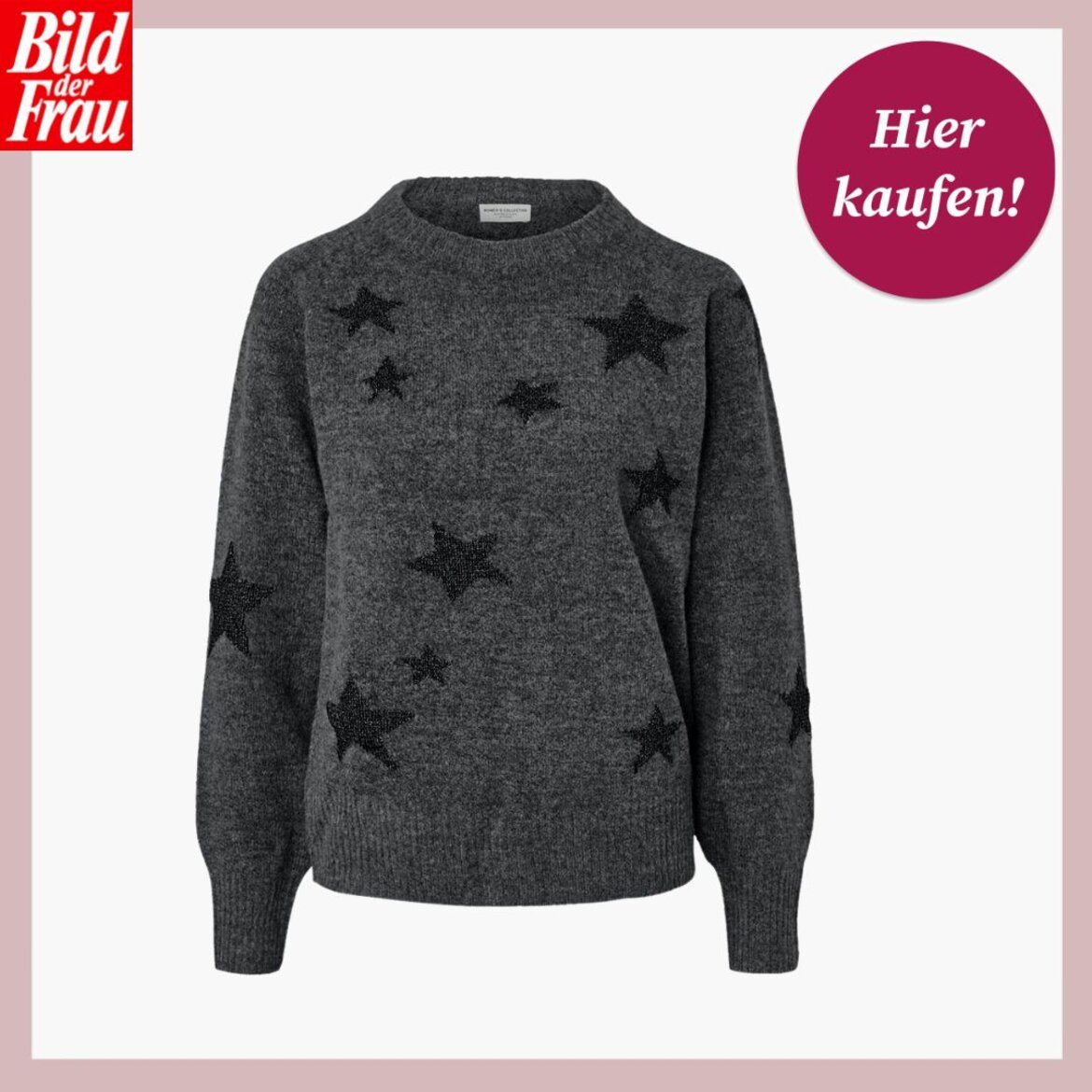 Dunkelgrauer Strickpullover mit schwarzen Sternmotiven und Rundhalsausschnitt vor weißem Hintergrund. | © Tchibo 