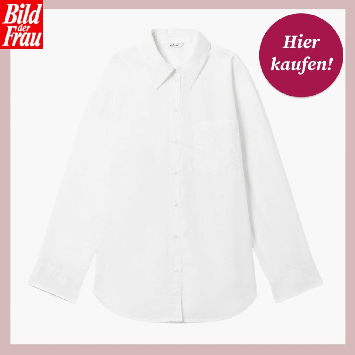 Eine weiße Bluse auf einer Shoppingseite mit einem roten "BILD der FRAU"-Logo oben links und einem "Hier kaufen"-Button. | © MONKI