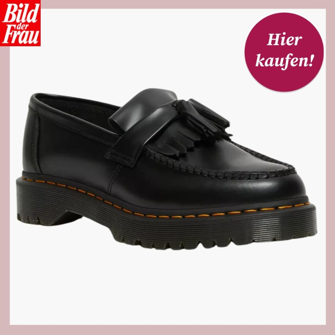 Schwarzer Loafer aus Glattleder mit Quasten und auffälliger gelber Naht auf robuster Profilsohle vor weißem Hintergrund. | © Dr. Martens