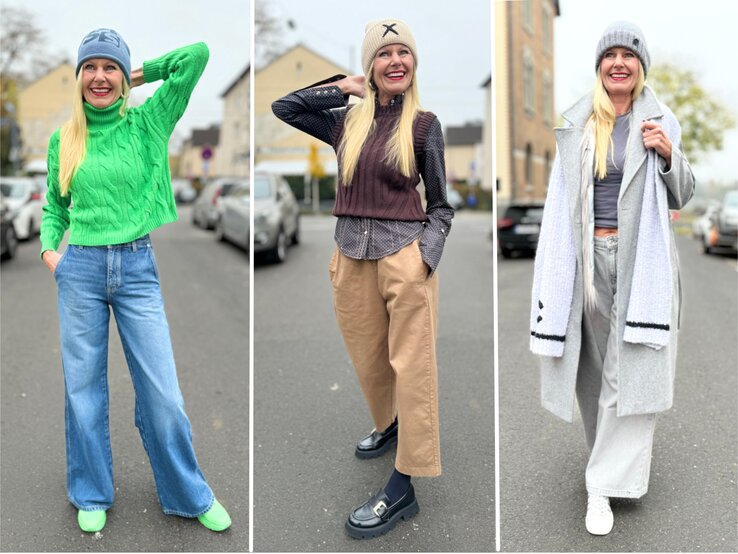 Collage von drei Looks: Frau in grünem Strickpulli, beigem Winteroutfit und grauer Winterkleidung posiert lachend auf städtischen Straßen. | © Renate Zott