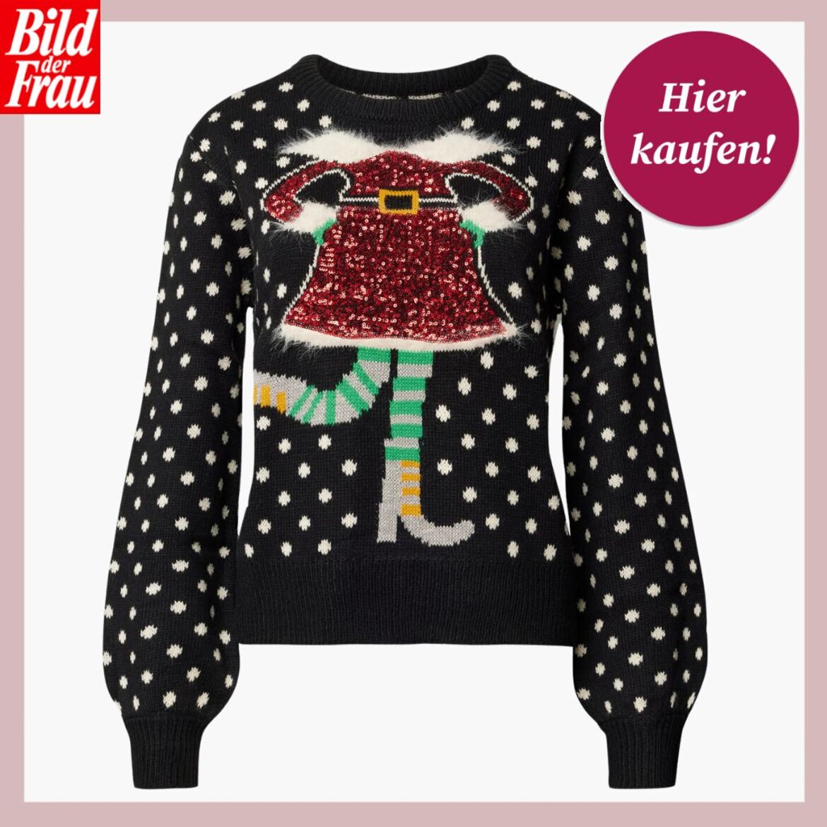 Schwarzer Weihnachtspullover mit weißen Punkten und glitzerndem Motiv einer Elfenfigur in rotem Kleid und gestreiften Strümpfen. | © Peek & Cloppenburg Düsseldorf