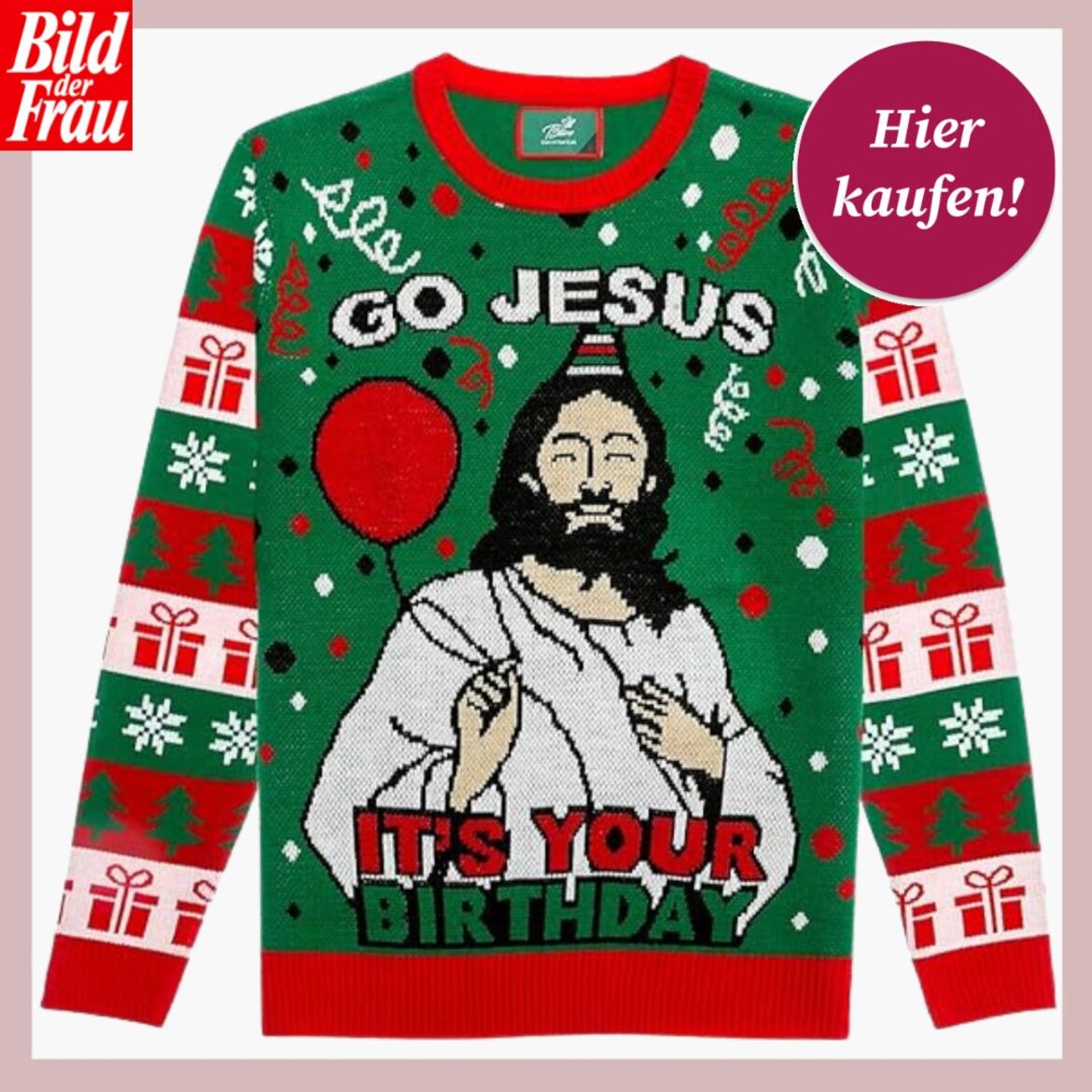 Grüner Weihnachtspullover mit Jesus-Motiv, roten Details, Geschenk- und Schneeflockenmuster und der Aufschrift „Go Jesus, It's Your Birthday“. | © Amazon