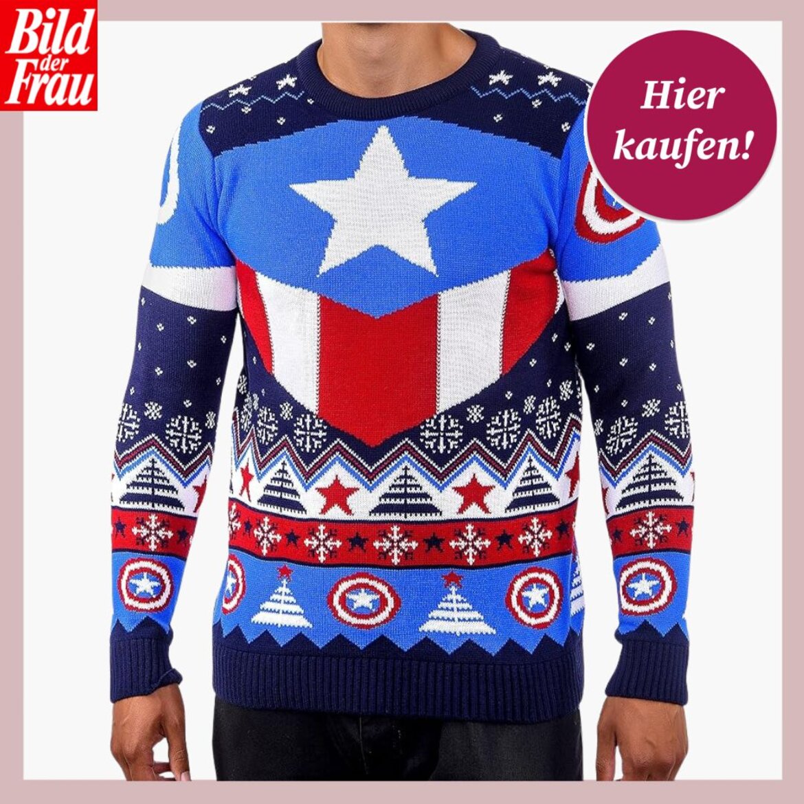 Weihnachtspullover in Blau, Rot und Weiß mit großem Stern, Schneeflocken und Schildmotiven, inspiriert vom Captain-America-Design. | © Amazon