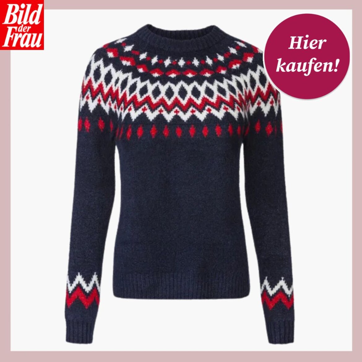 Dunkelblauer Strickpullover mit norwegischem Muster in Rot und Weiß, hochgeschlossen, vor weißem Hintergrund abgebildet. | © Lidl