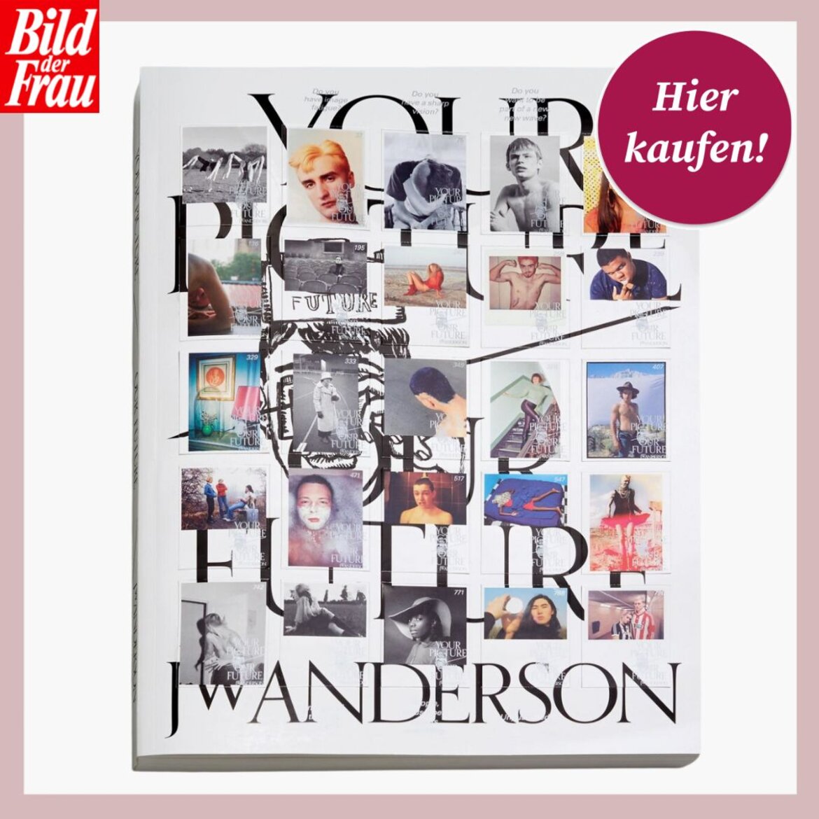 Kreatives Buchdesign mit farbenfrohen Polaroid-Bildern, darunter Gesichter, Szenen und Texte, Titel von JW Anderson gestaltet. | © JW Anderson