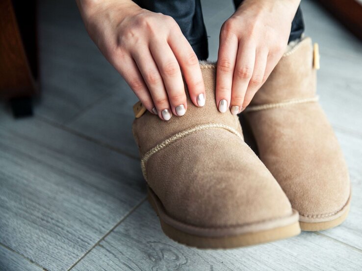 Zwei Hände greifen nach warmen, beigen Winterboots von Lidl mit heller Naht, auf grauem Laminatboden.