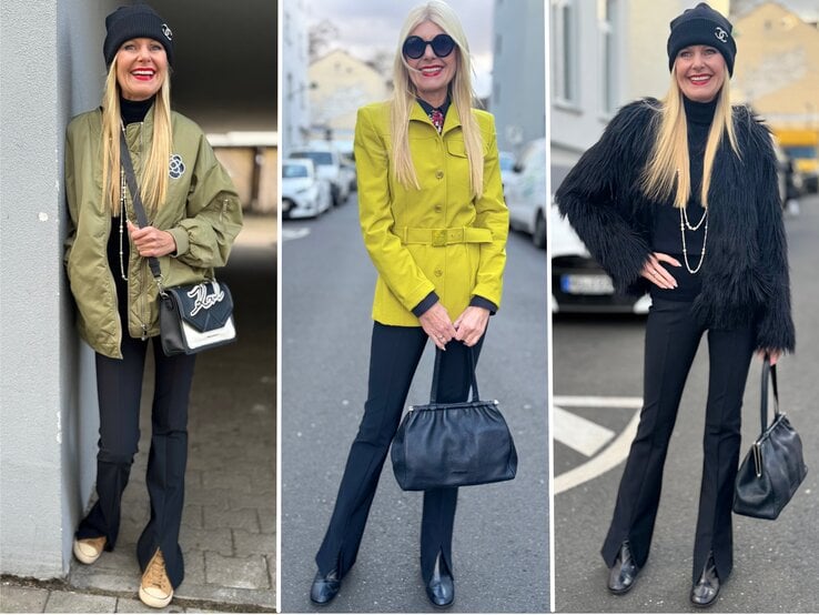 Blonde Frau mit langen Haaren trägt in drei Outfits Bomberjacke, gelben Blazer und schwarzen Kunstfellmantel, lächelnd auf urbaner Straße. | © Renate Zott