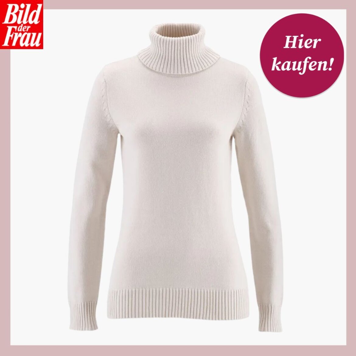 Eleganter, weicher Rollkragenpullover in Beige mit figurbetonter Passform und klassischen Details, präsentiert auf neutralem Hintergrund. | © Bonprix