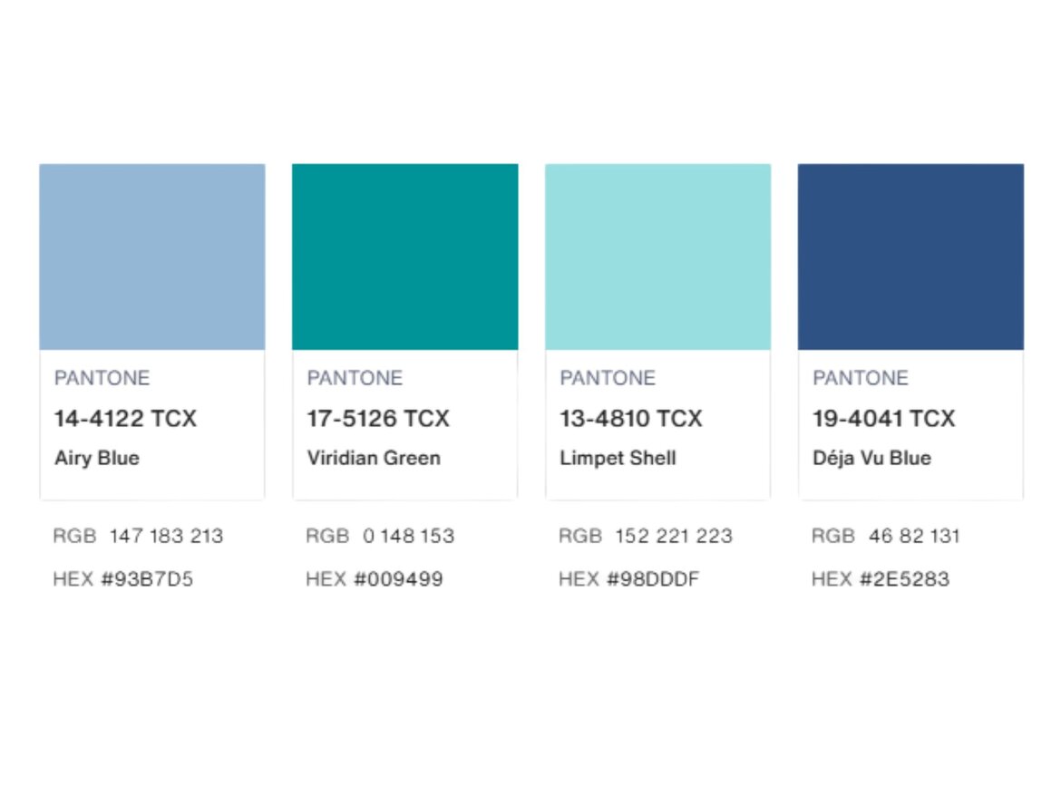 Farbpalette mit den Pantone-Tönen Airy Blue, Viridian Green, Limpet Shell und Déjà Vu Blue, jeweils mit Codes und Farbangaben. | © Pantone Connect