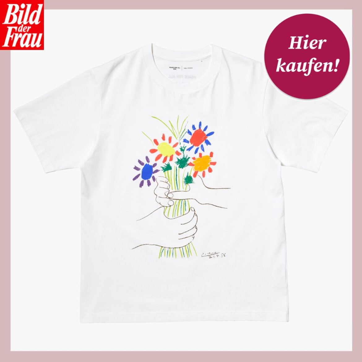 Weißes Shirt mit minimalistischer Illustration: Hände halten einen Strauß aus bunten Blumen in kräftigen Farben. | © Uniqlo